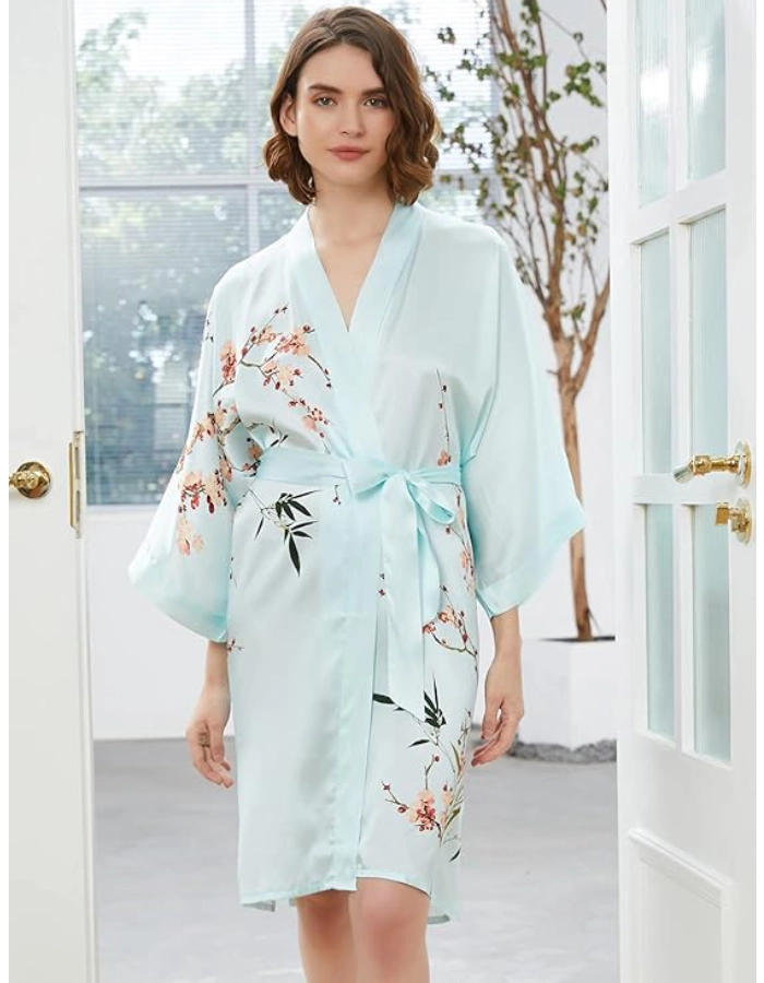 Déshabillé Kimono Femme Soie Bleu Clair
