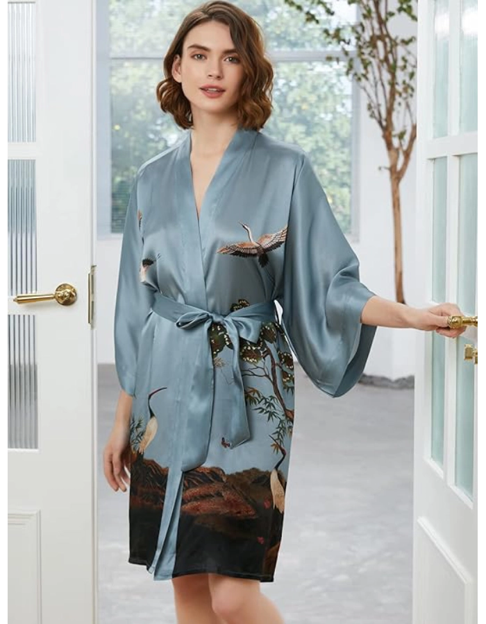 Déshabillé Kimono Femme Soie Bleu Gris