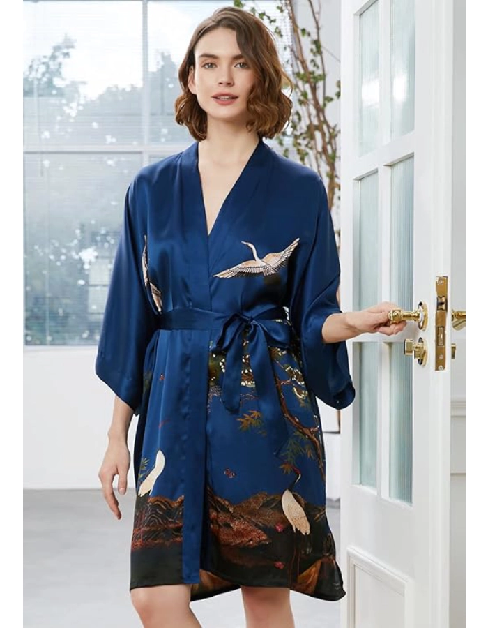 Déshabillé Kimono Femme Soie Bleu Marine