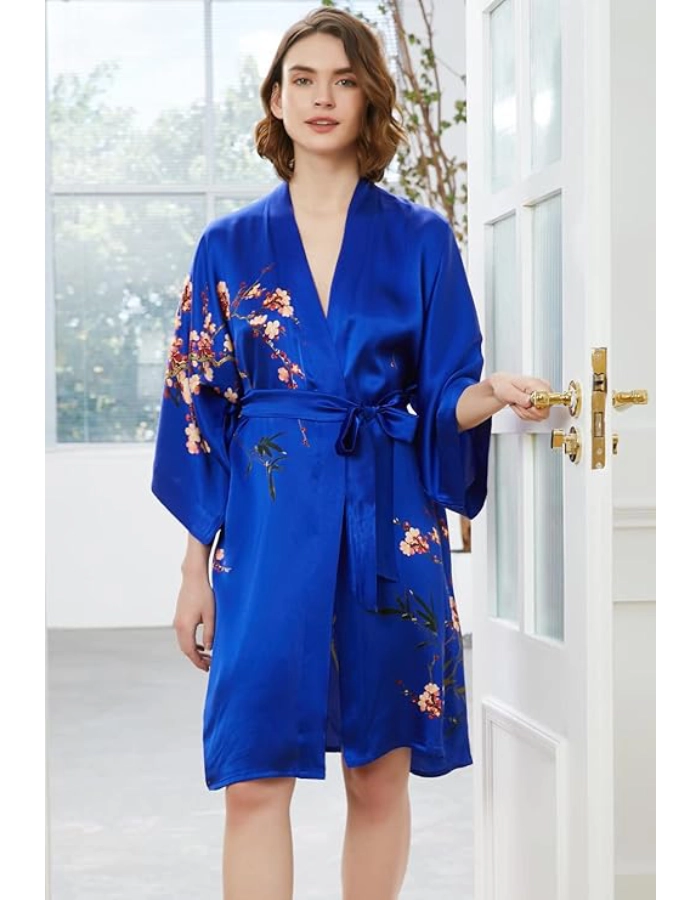 Déshabillé Kimono Femme Soie Bleu Saphir