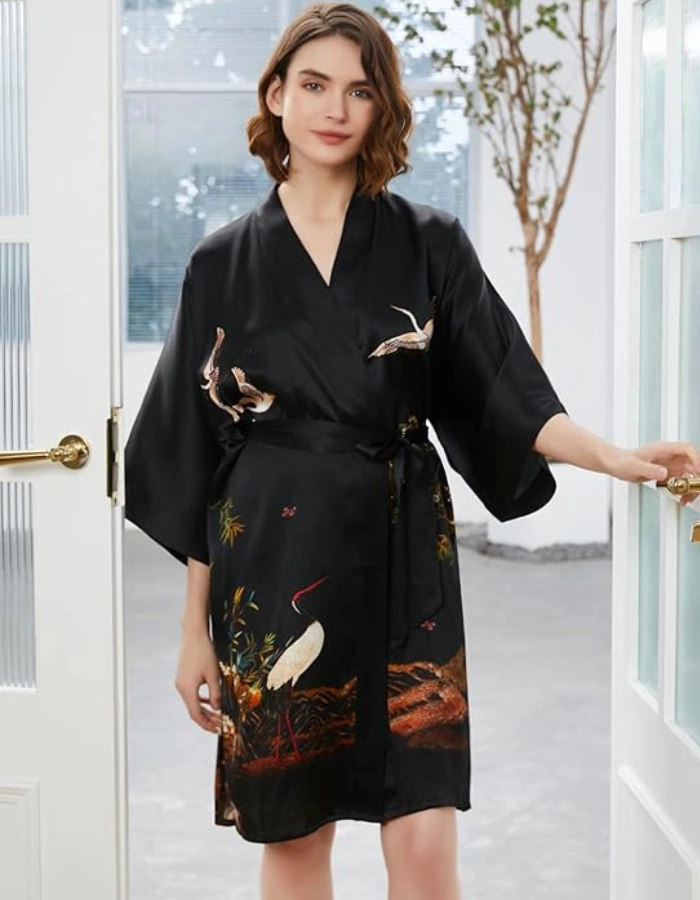 Déshabillé Kimono Femme Soie Noir Grues
