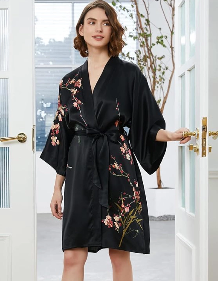 Déshabillé Kimono Femme Soie Noir