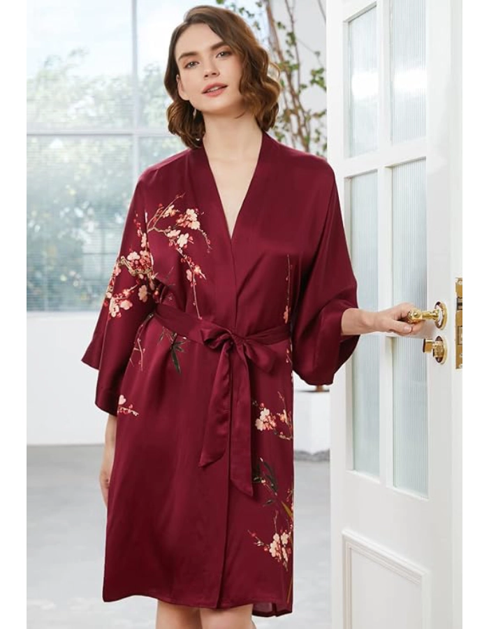Déshabillé Kimono Femme Soie Rouge Vin