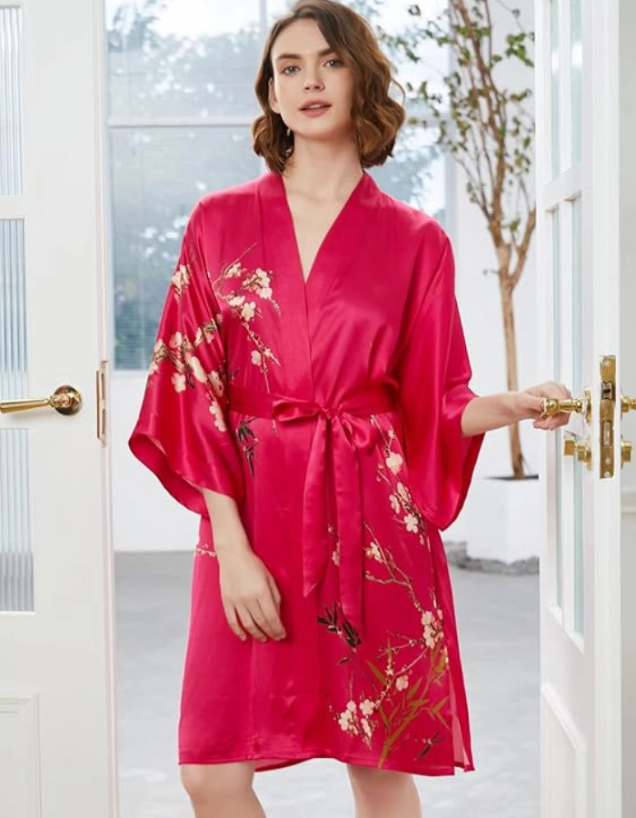 Déshabillé Kimono Femme Soie Rouge