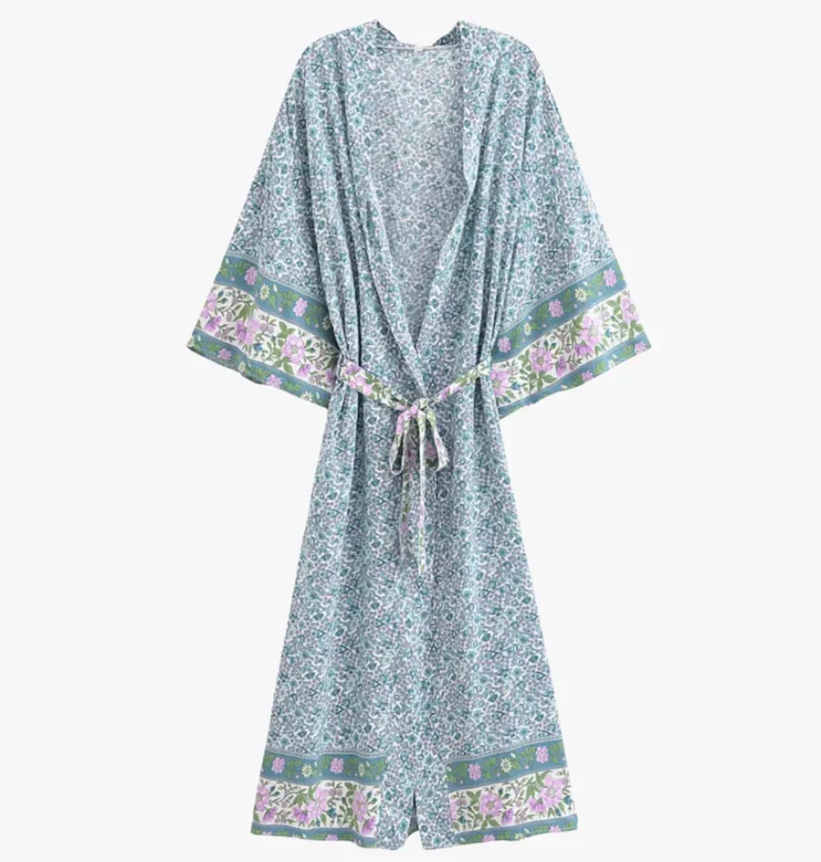 Kimono Bohème Long Femme bleu avec motifs lilas
