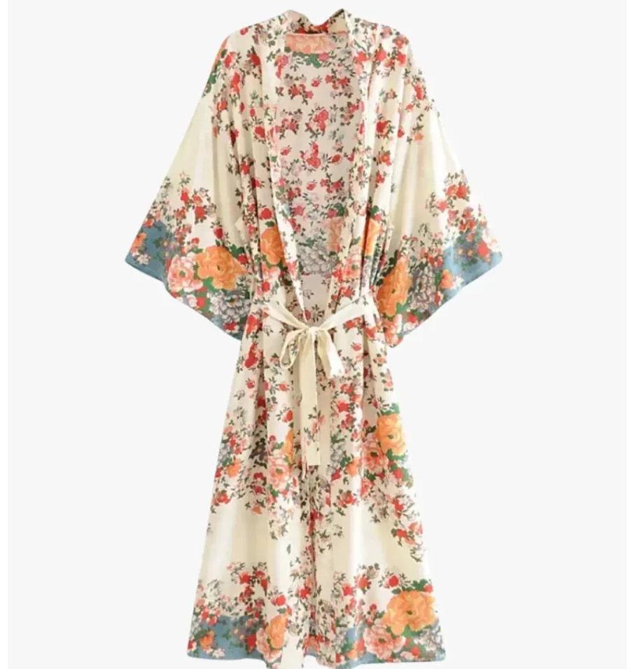Kimono Bohème Long Femme beige avec motifs fleuris