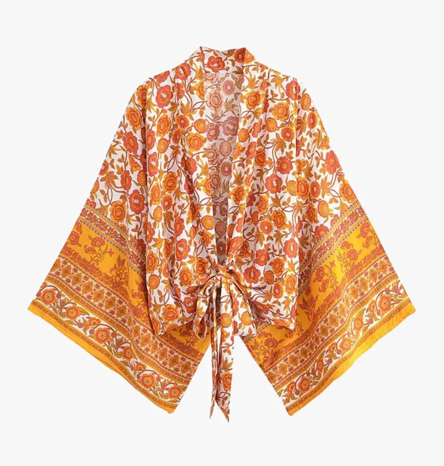 Kimono Bohème Court Femme orange avec motifs floraux