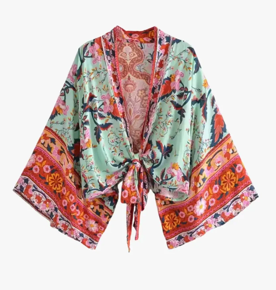 Kimono Bohème Court Femme rouge et vert