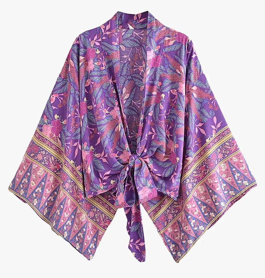 Kimono Bohème Court Femme violet et doré avec motifs floraux