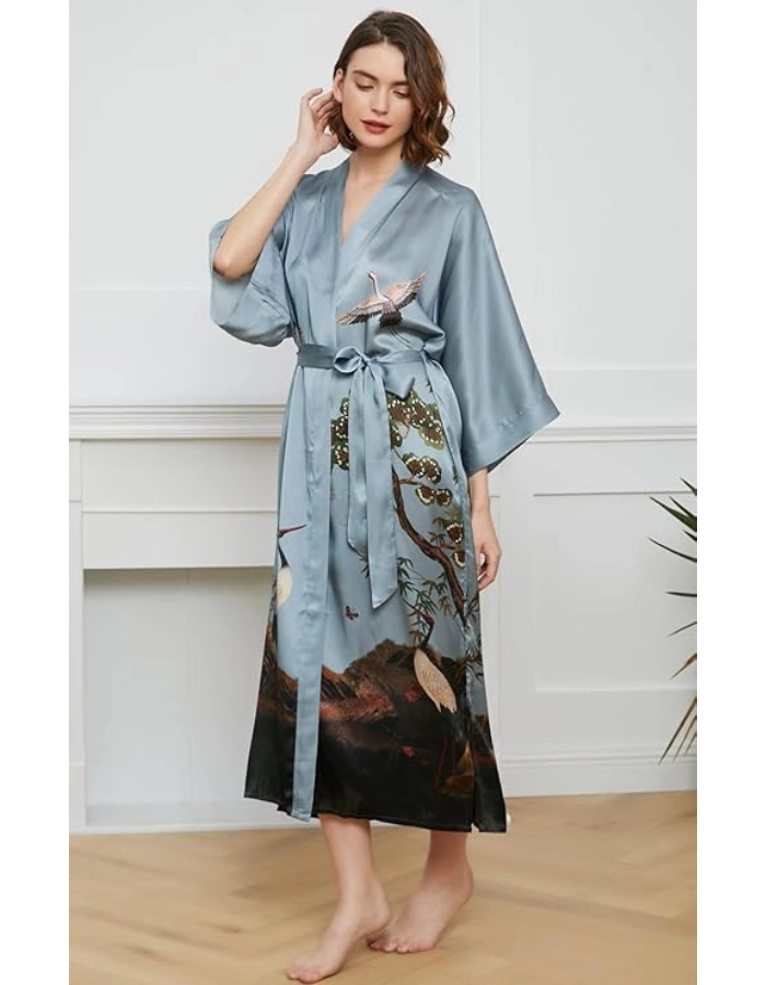 Kimono Femme Soie Bio Bleu Gris