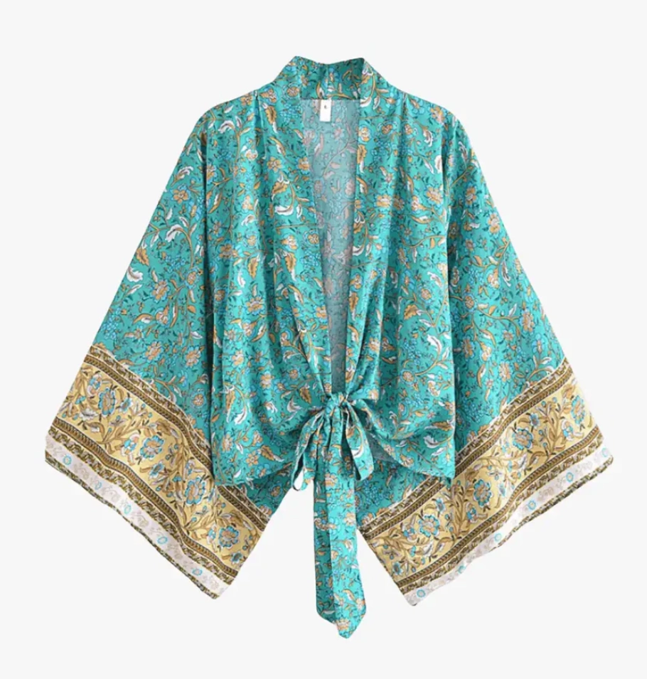 Kimono Court Femme bleu et doré avec motifs floraux