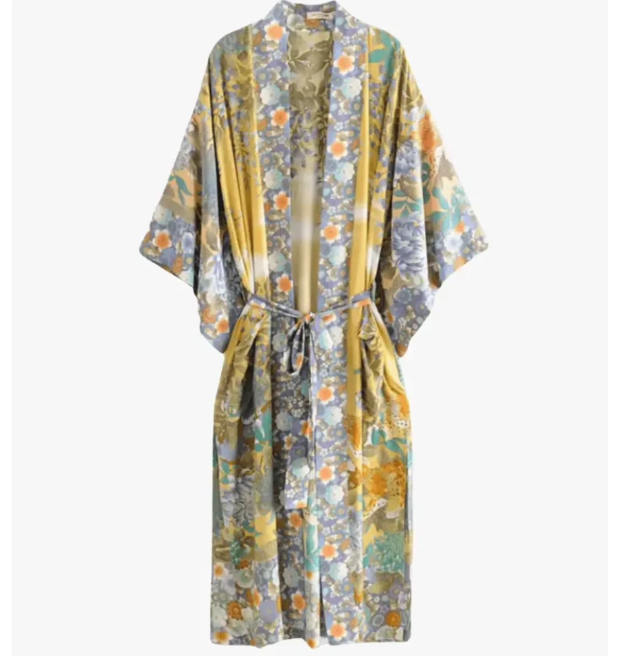 Kimono Fleuri Long Femme bleu lavande