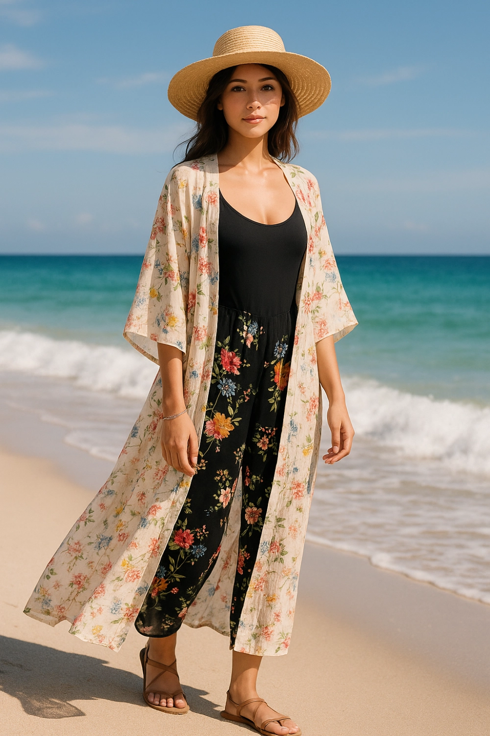 Kimono Fleuri Femme look de plage et de détente