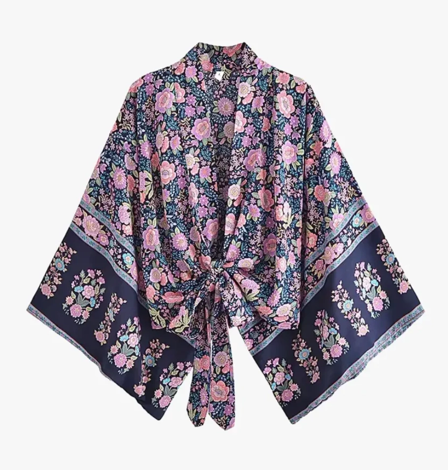 Kimono Fleuri Court Femme violet