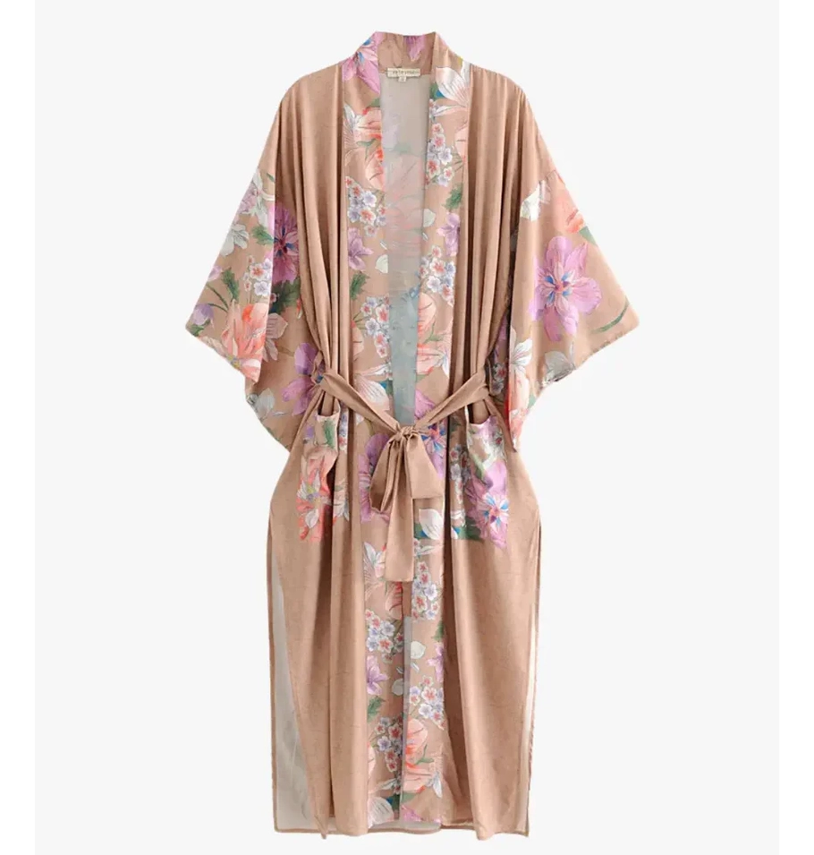 Kimono Plage Long Femme beige rosé avec motif fleur