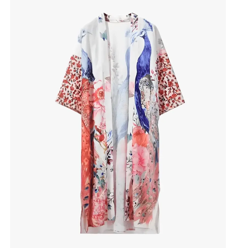 Kimono Plage Long Femme motif paon et fleurs
