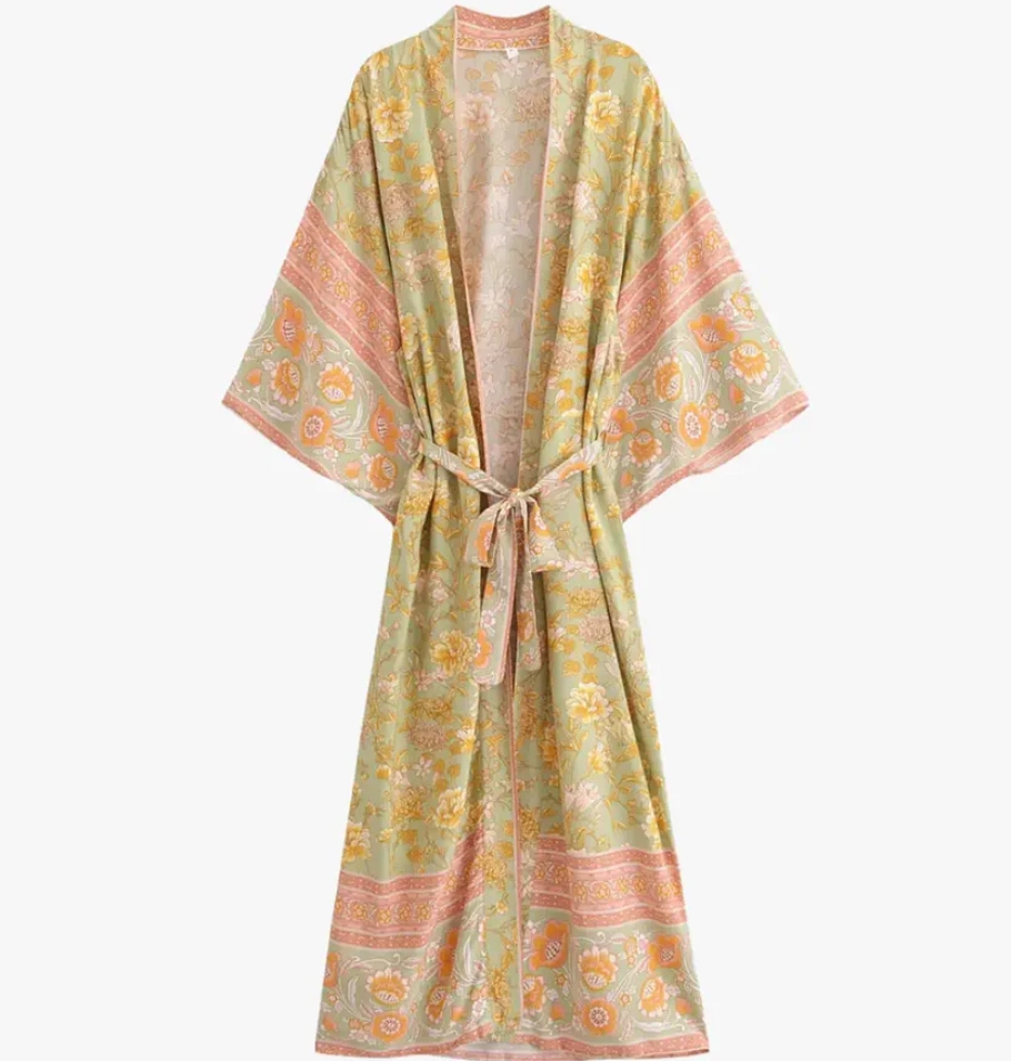 Kimono Plage Long Femme fleuri vert clair