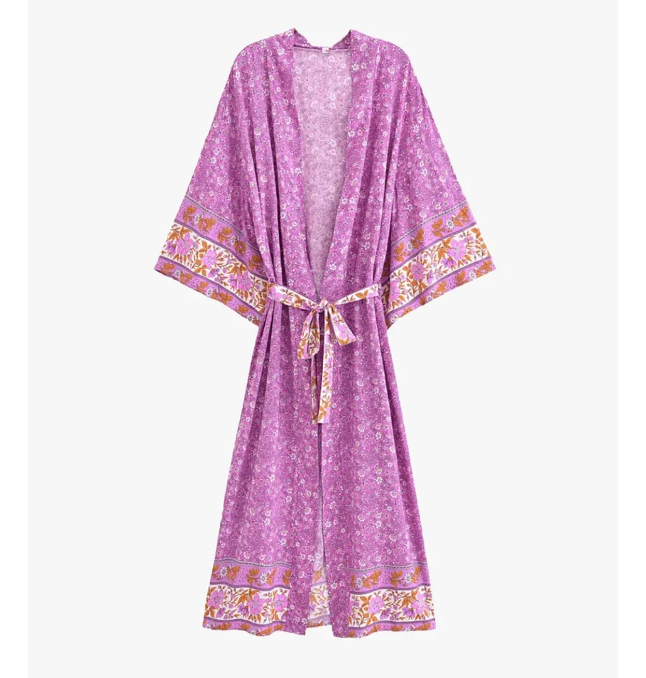 Kimono Plage Long Femme violet avec motifs lilas