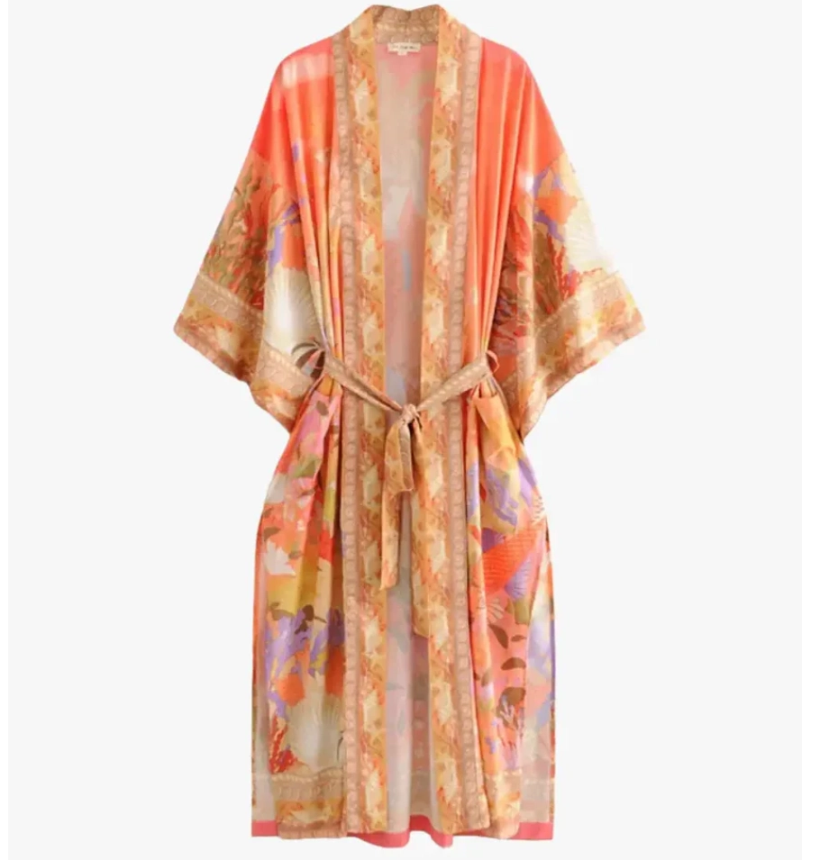 Kimono Plage Long Femme orange fleuri