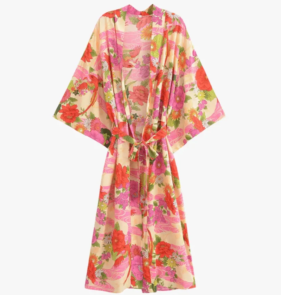 Kimono Plage Long Femme rose pastel fleuri
