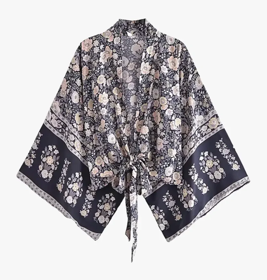 Kimono Plage Court Femme fleuri noir