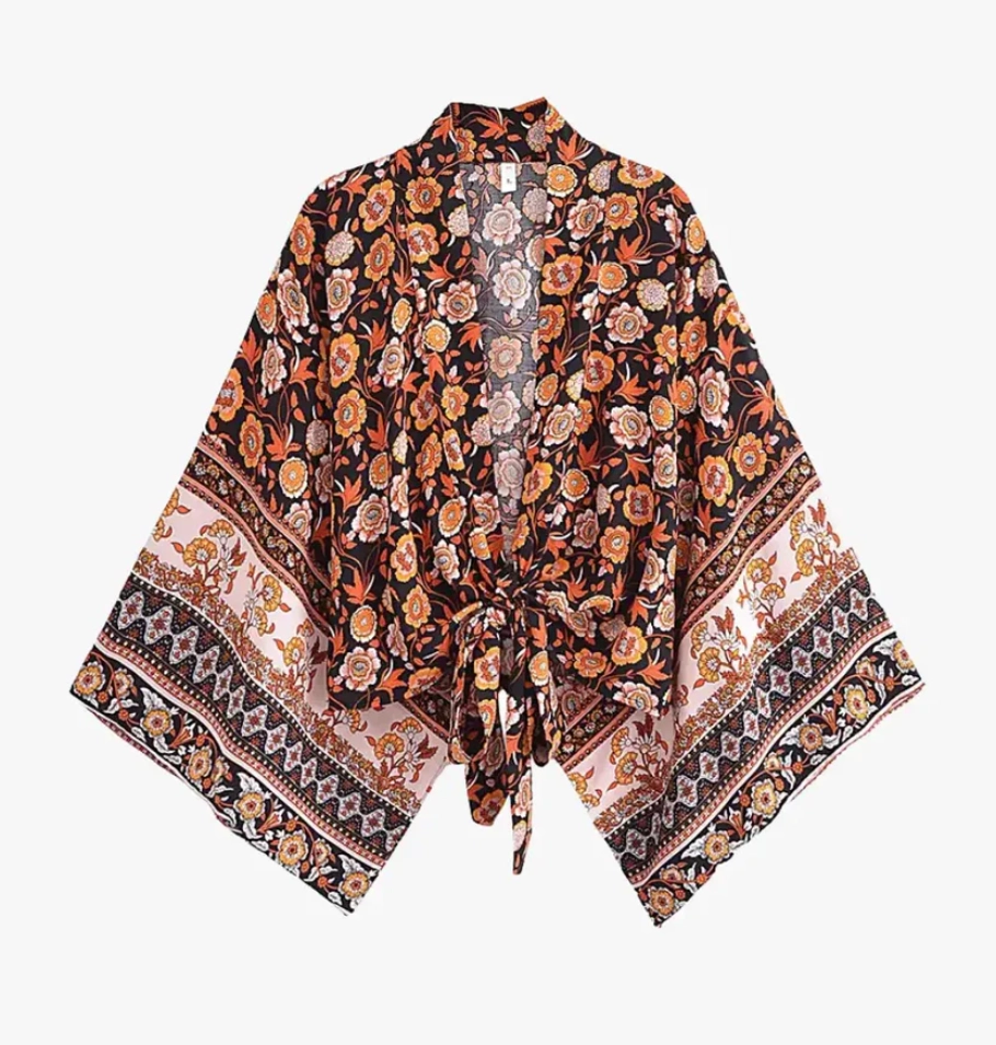 Kimono Plage Court Femme noir et orange avec motifs floraux