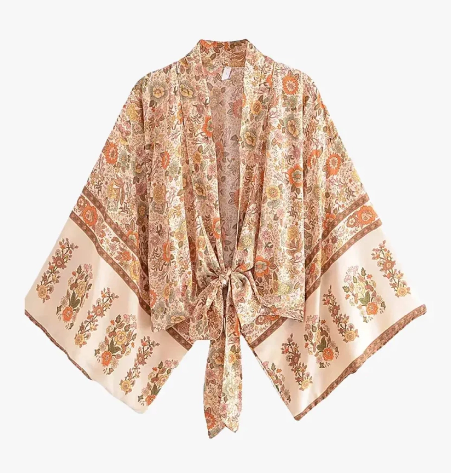 Kimono Plage Court Femme fleuri orange