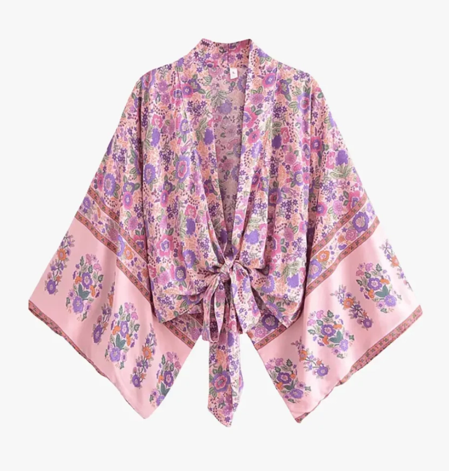 Kimono Plage Court Femme fleuri rose