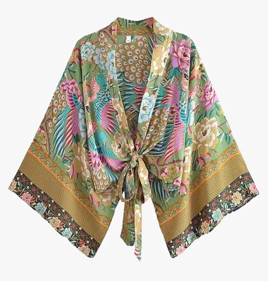 Kimono Plage Court Femme vert sauge motifs paon