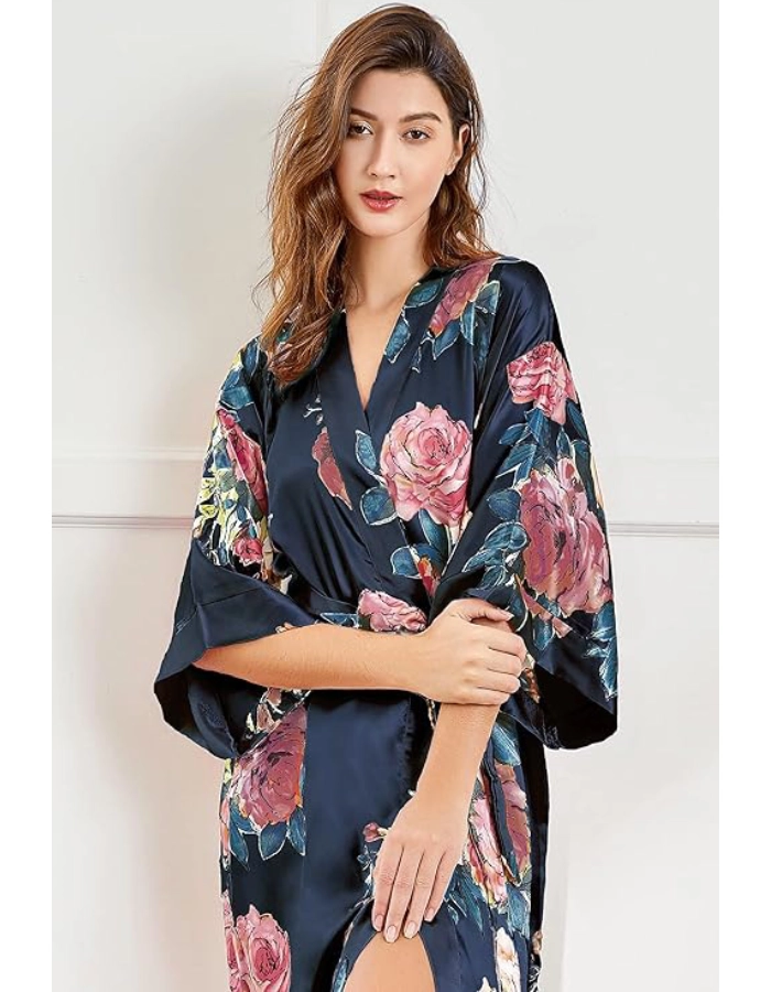 Peignoir Kimono Femme Fleur Bleu