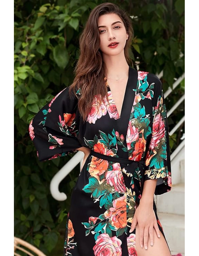 Peignoir Kimono Femme Fleur Noir