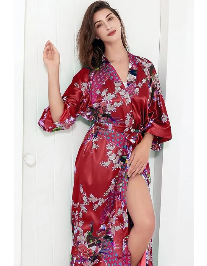 Peignoir Kimono Femme Rouge Fleurs
