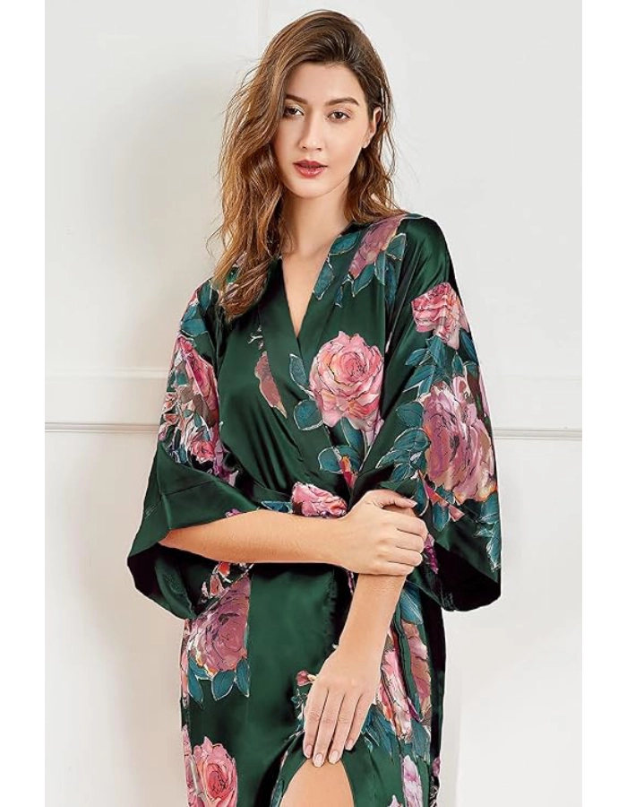 Peignoir Kimono Femme Vert Fleurs