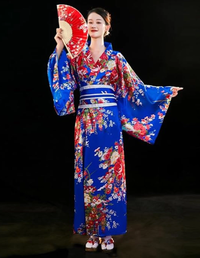 Yukata Femme Bleu Masque Eventail Pliant Chaussettes Epingle à Cheveux