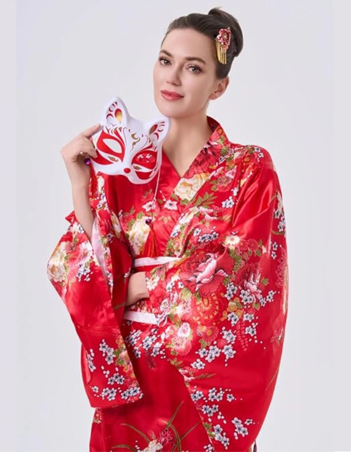 Yukata Femme Rouge Masque Eventail Pliant Chaussettes Epingle à Cheveux