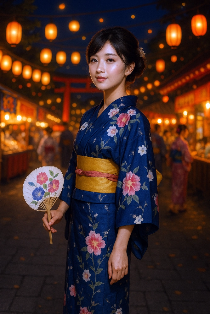 femme japonaise en yukata lors d'un matsuri en été