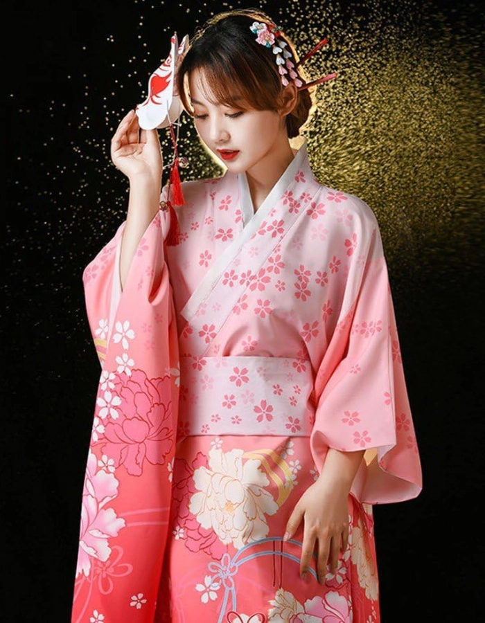 Yukata Femme Robe Rose Fleurs