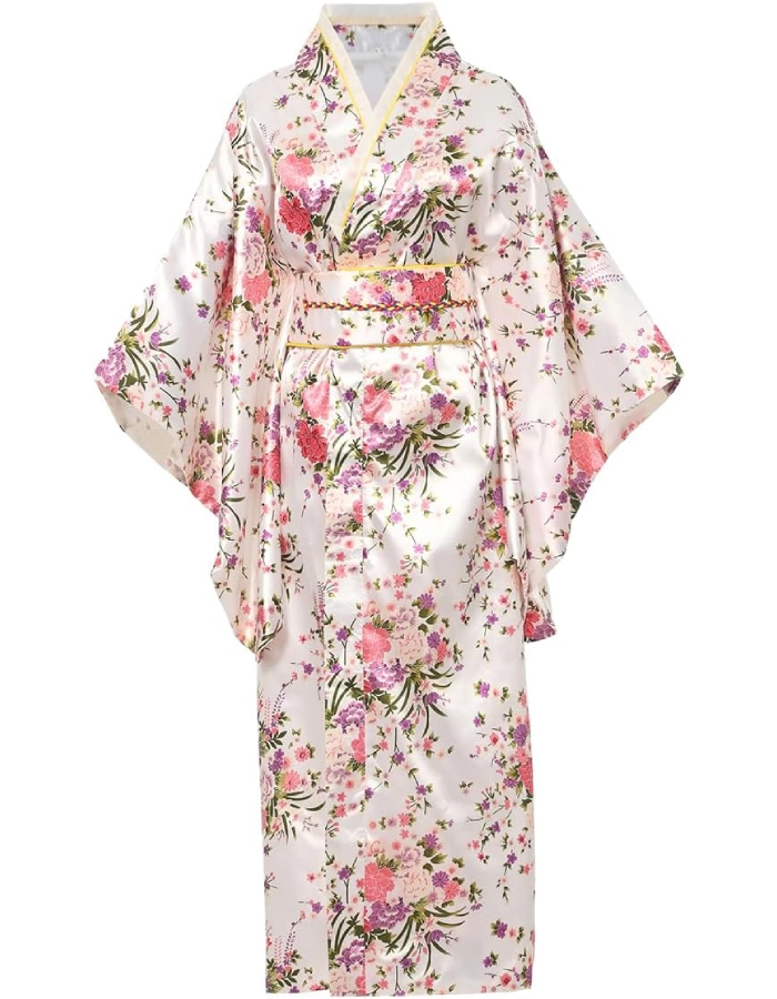 Yukata Femme Satin Motif fleurs Blanc