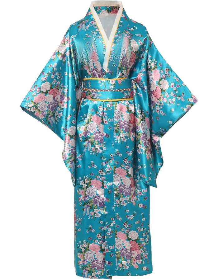 Yukata Femme Satin Motif fleurs Bleu
