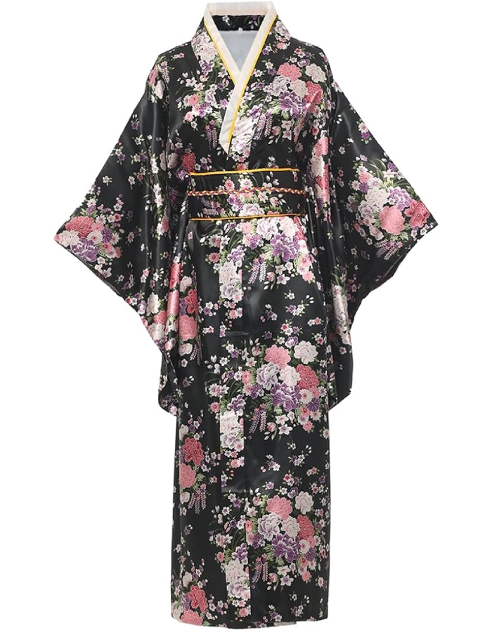 Yukata Femme Satin Motif fleurs Noir