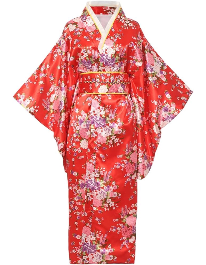 Yukata Femme Satin Motif fleurs Rouge