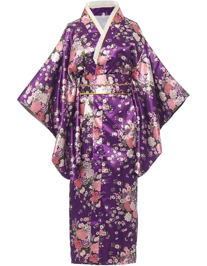 Yukata Femme Satin Motif fleurs Violet
